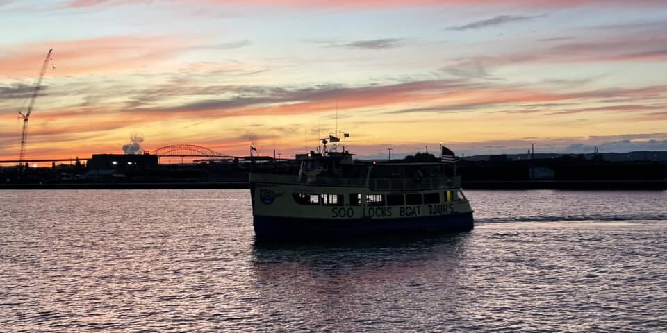 Soo Locks boat at sunset